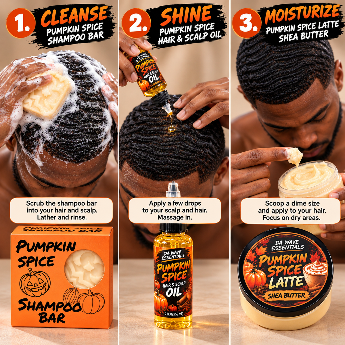 Pumpkin Spice 3-in-1 Hair Care Bundle – Shampoo Bar, Hair Growth Oil & Shea Butter for 360 Waves, Curls & Dry Hair