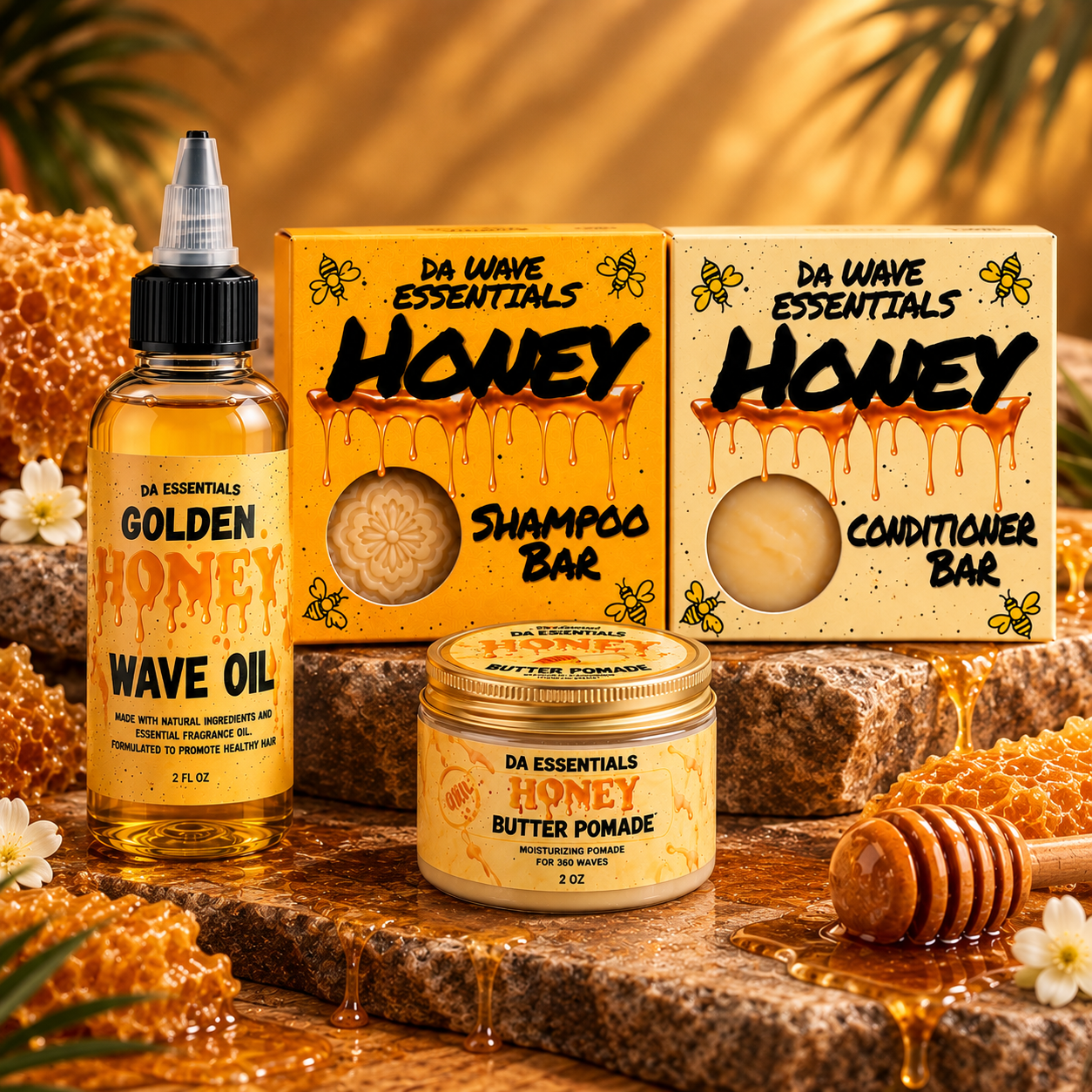 (NEW) Golden Honey 4-in-1 Wave Kit Shampoo Bar, Conditioner Bar, Oil & Pomade