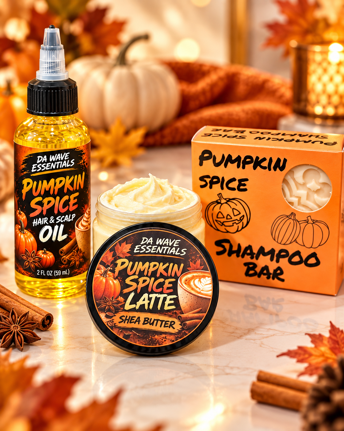 Pumpkin Spice 3-in-1 Hair Care Bundle – Shampoo Bar, Hair Growth Oil & Shea Butter for 360 Waves, Curls & Dry Hair