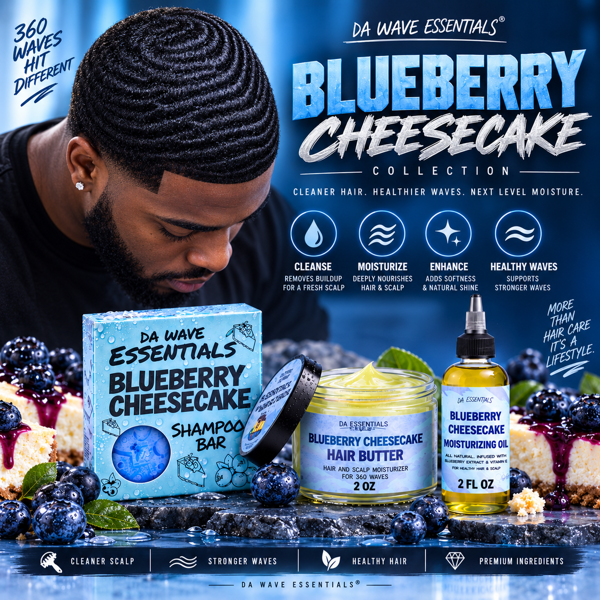 Blueberry Cheesecake Hair Care Bundle Butter, Oil & Shampoo Bar For 360 Waves & 4c Hair