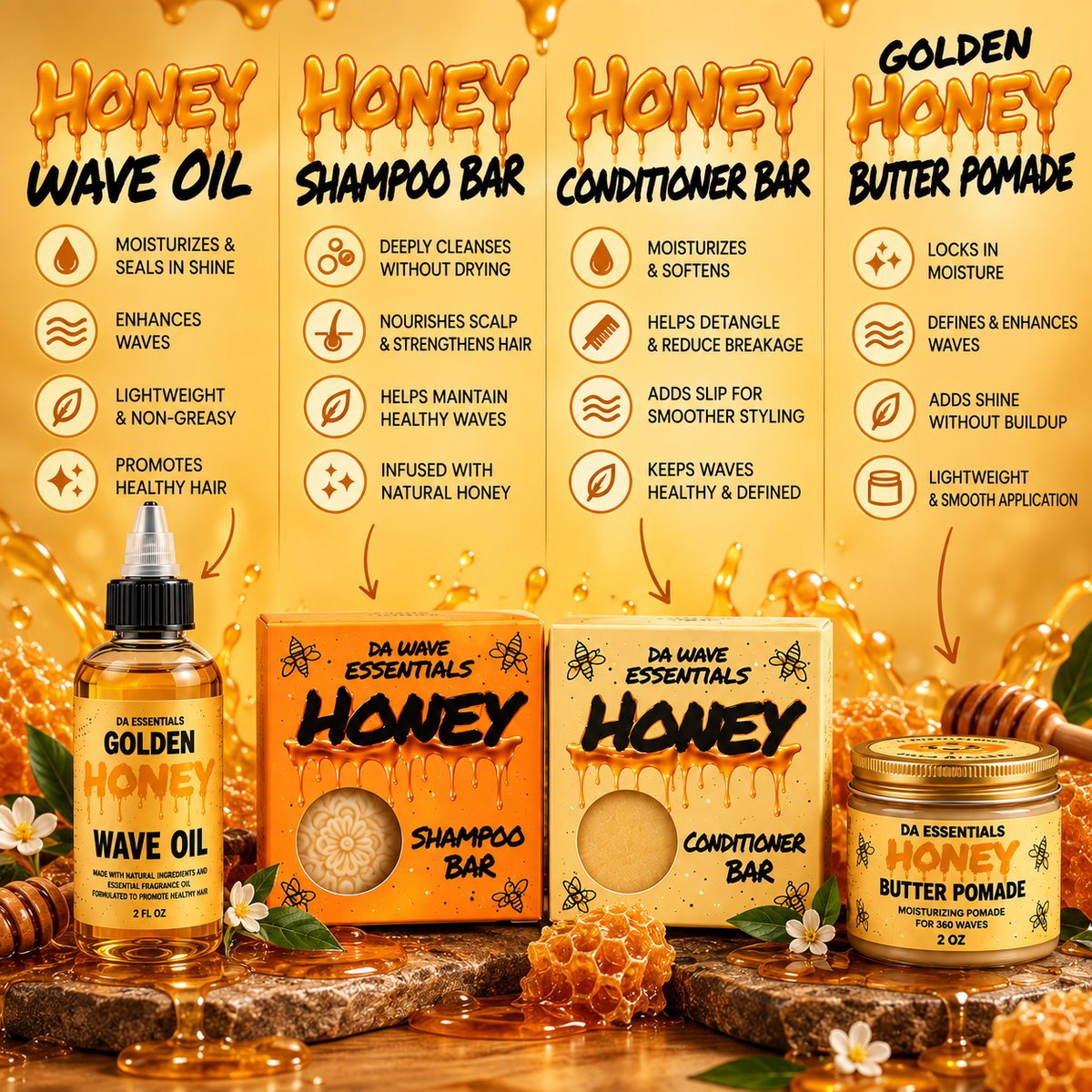 (NEW) Golden Honey 4-in-1 Wave Kit Shampoo Bar, Conditioner Bar, Oil & Pomade