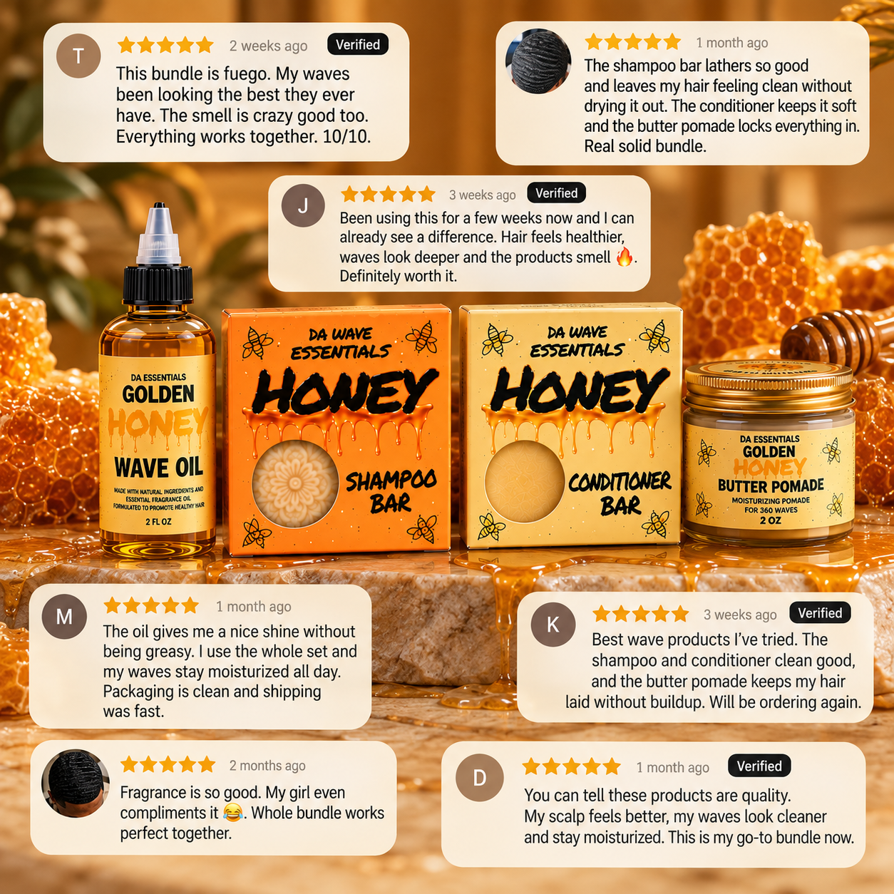 (NEW) Golden Honey 4-in-1 Wave Kit Shampoo Bar, Conditioner Bar, Oil & Pomade