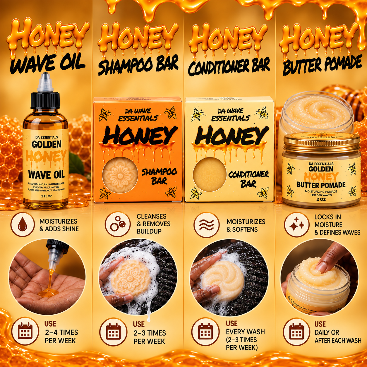 (NEW) Golden Honey 4-in-1 Wave Kit Shampoo Bar, Conditioner Bar, Oil & Pomade