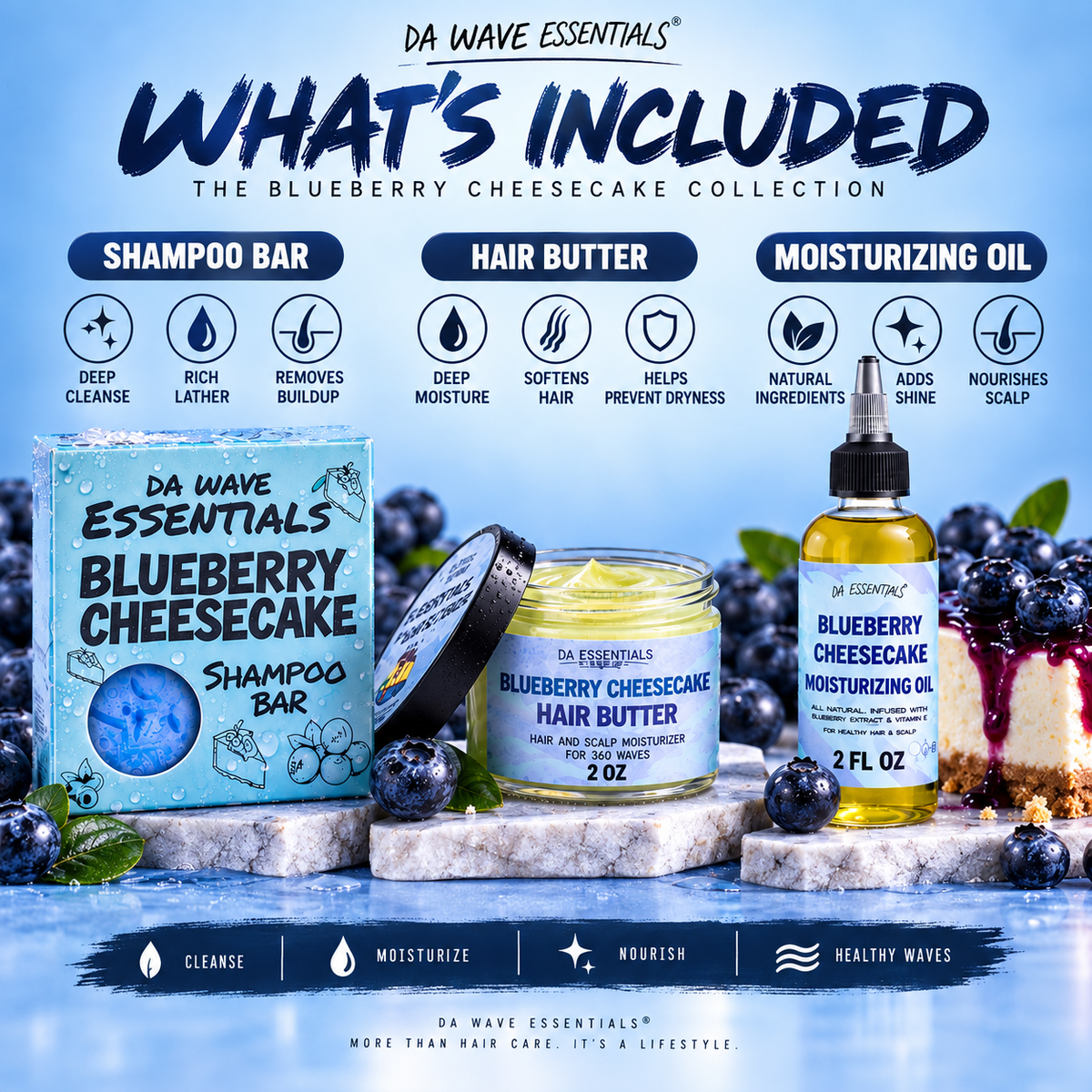 Blueberry Cheesecake Hair Care Bundle Butter, Oil & Shampoo Bar For 360 Waves & 4c Hair