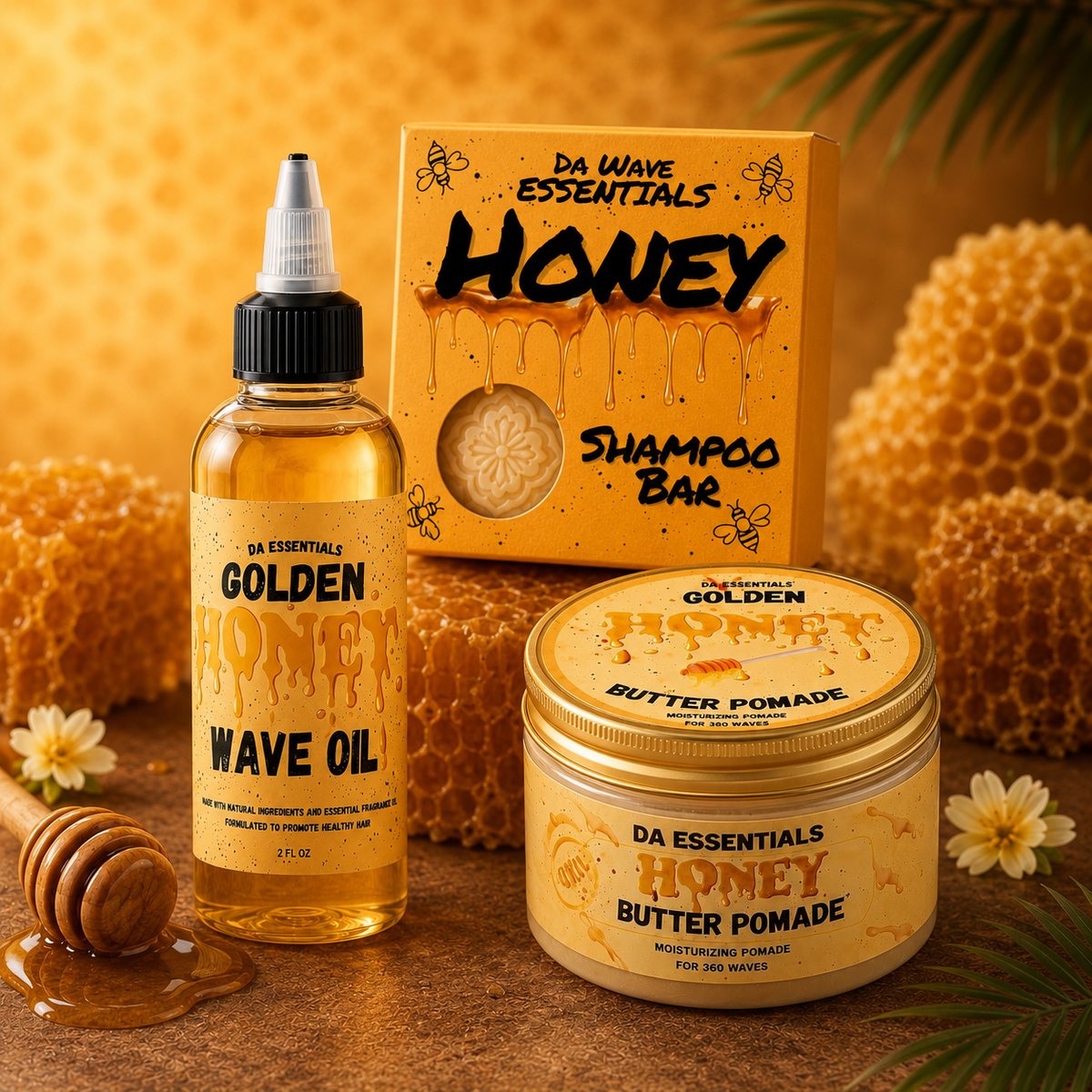 (NEW) Golden Honey 3-in-1 Wave Kit Shampoo Bar, Oil & Pomade
