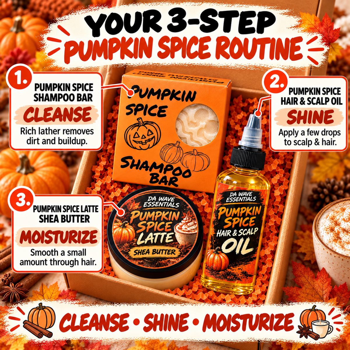 Pumpkin Spice 3-in-1 Hair Care Bundle – Shampoo Bar, Hair Growth Oil & Shea Butter for 360 Waves, Curls & Dry Hair