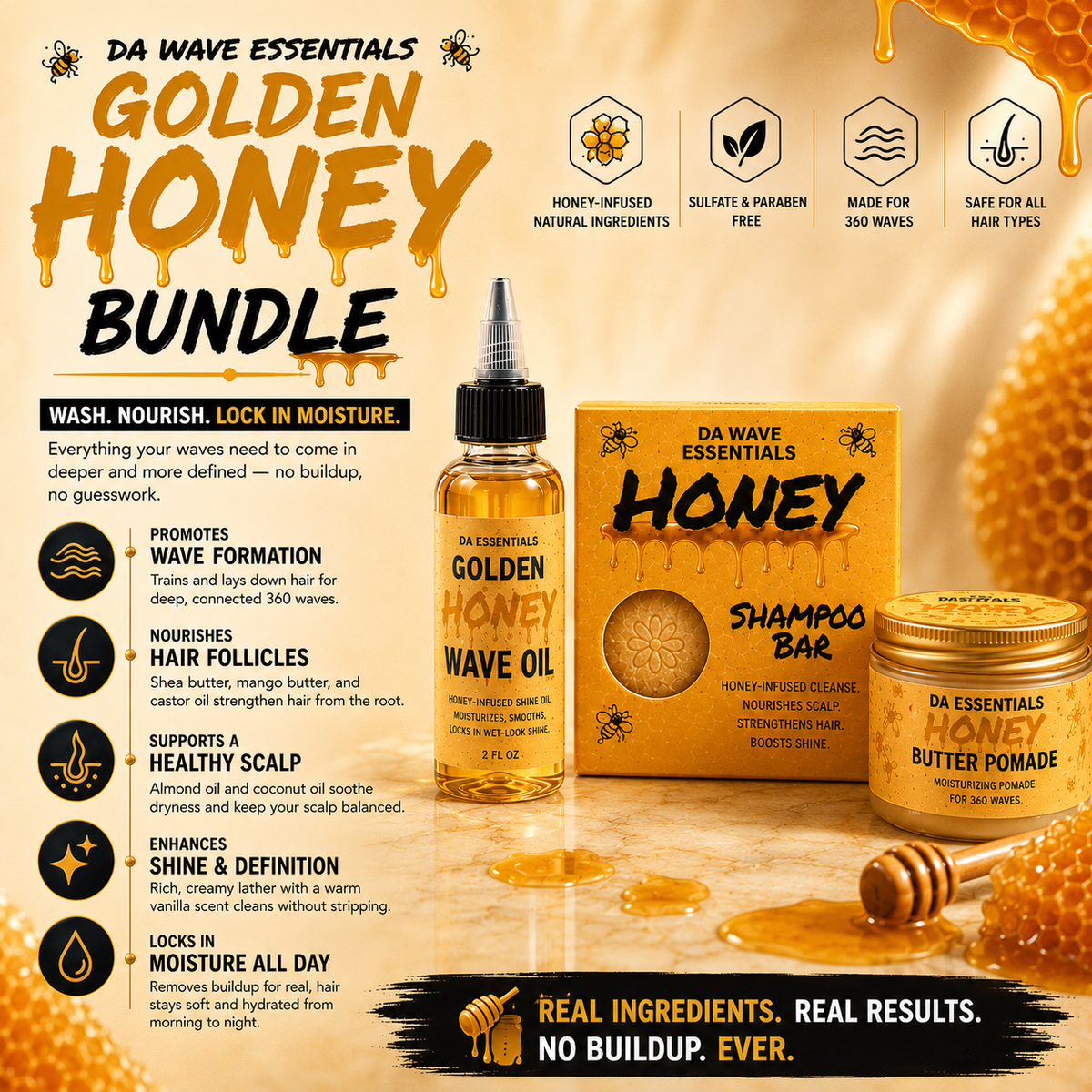(NEW) Golden Honey 3-in-1 Wave Kit Shampoo Bar, Oil & Pomade