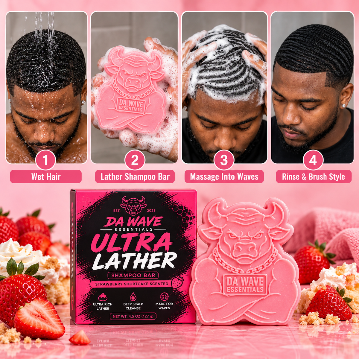 Strawberry Shortcake Ultra Lather Shampoo Bar – 1 LB Jumbo Bull Bar for 360 Waves