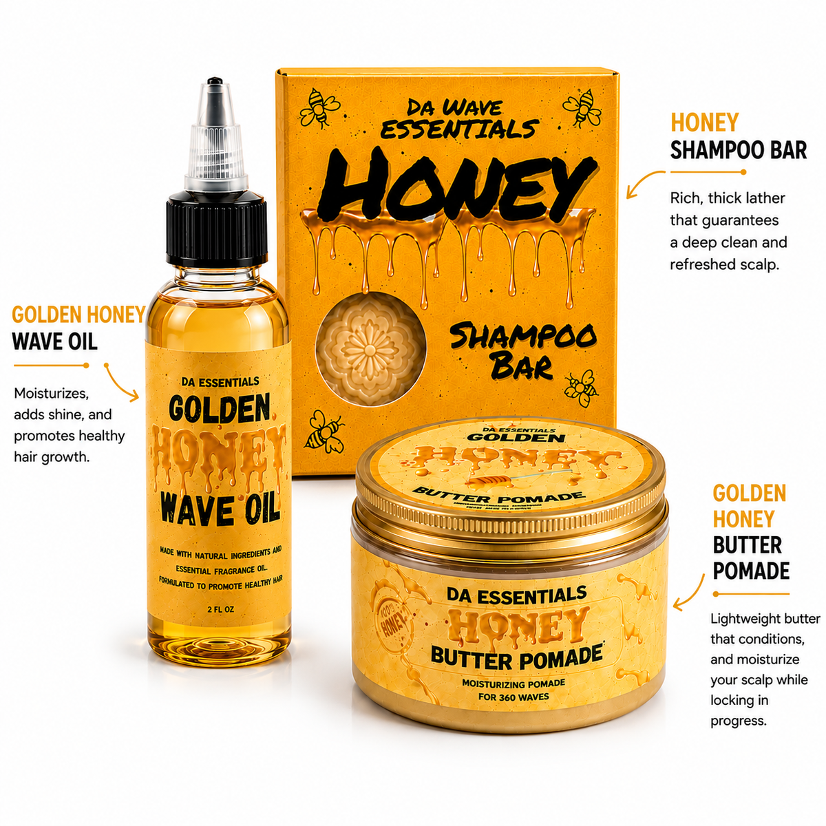 (NEW) Golden Honey 3-in-1 Wave Kit Shampoo Bar, Oil & Pomade