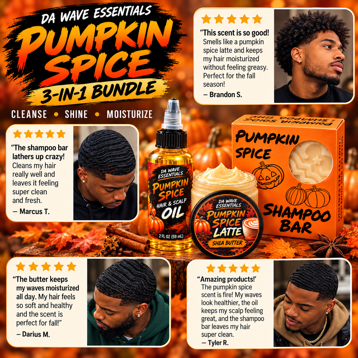 Pumpkin Spice 3-in-1 Hair Care Bundle – Shampoo Bar, Hair Growth Oil & Shea Butter for 360 Waves, Curls & Dry Hair