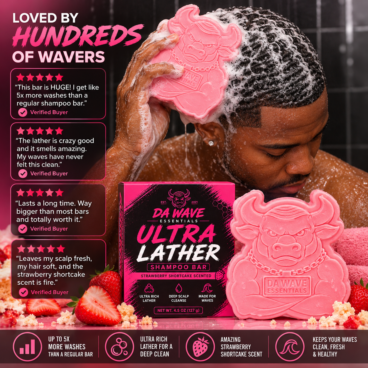 Strawberry Shortcake Ultra Lather Shampoo Bar – 1 LB Jumbo Bull Bar for 360 Waves