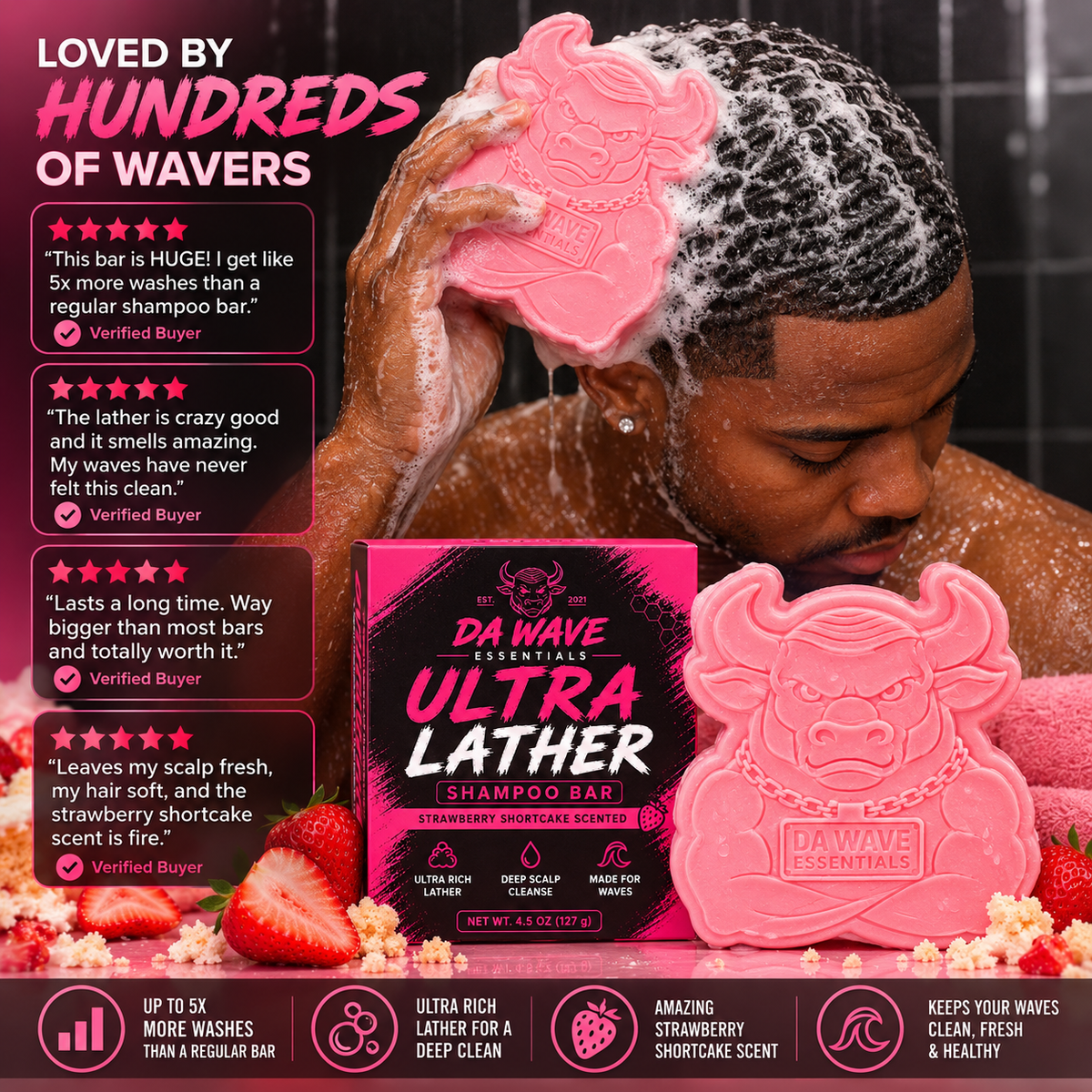 Strawberry Shortcake Ultra Lather Shampoo Bar – 1 LB Jumbo Bull Bar for 360 Waves