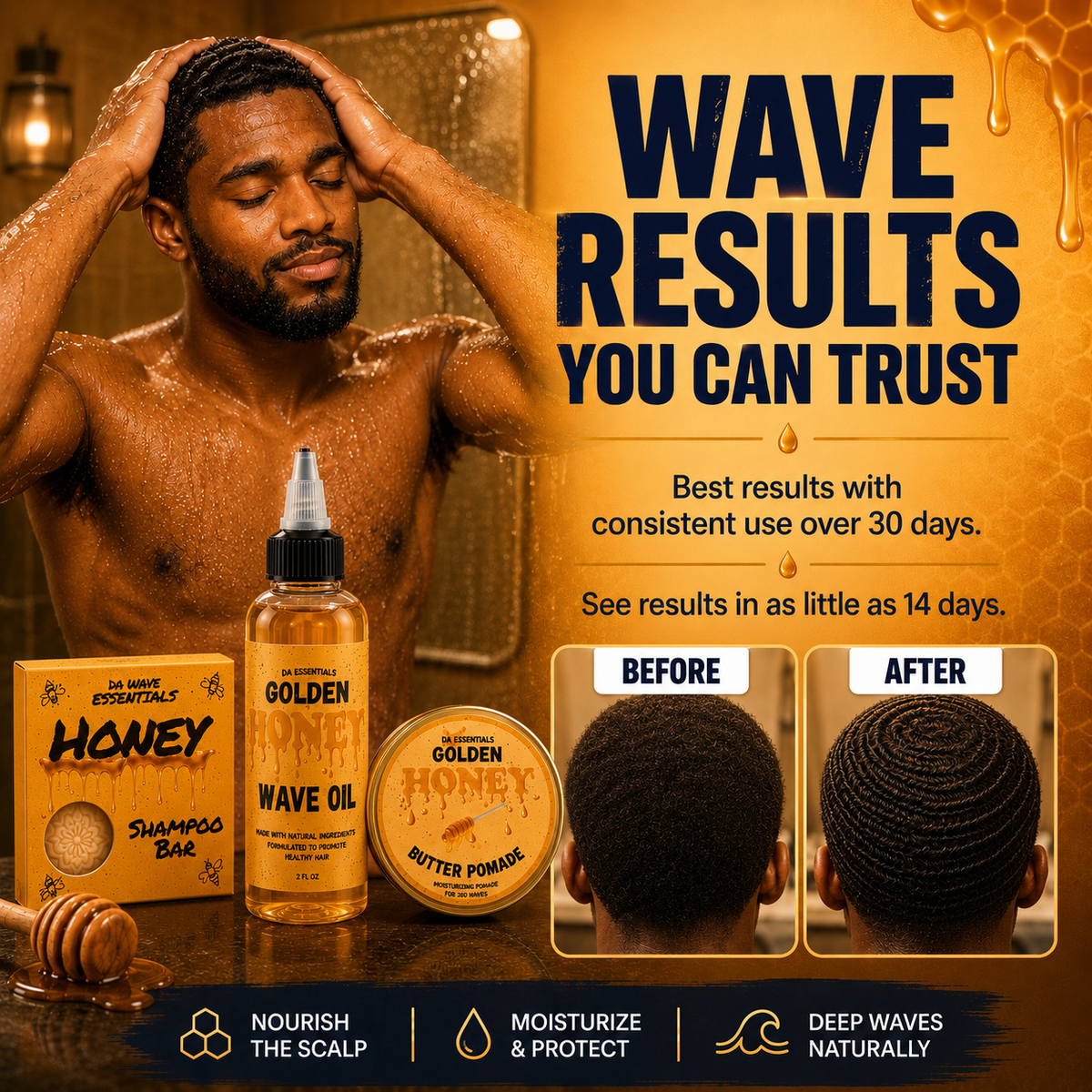 (NEW) Golden Honey 3-in-1 Wave Kit Shampoo Bar, Oil & Pomade